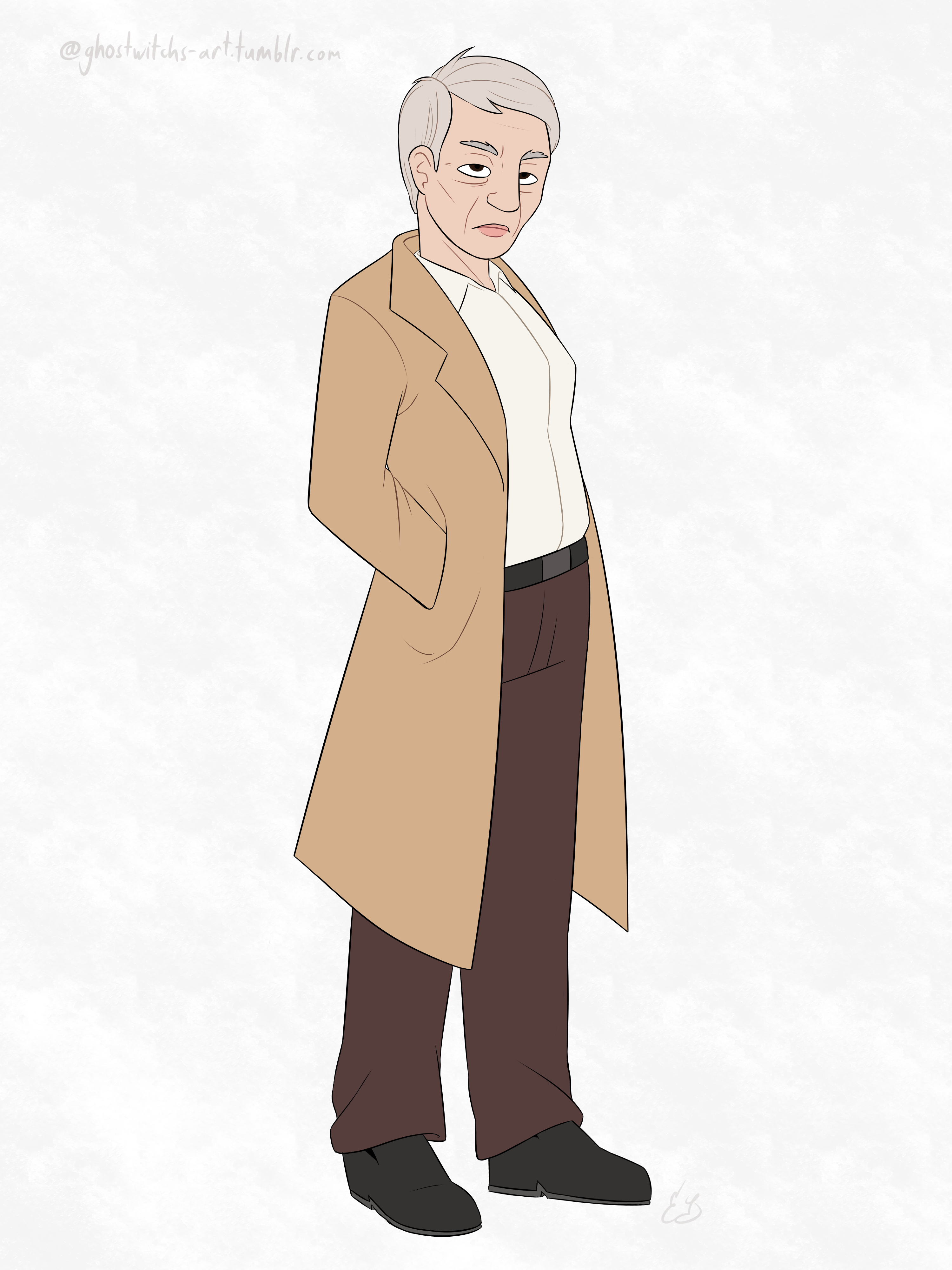 A flat painting of a new character named Holly. She is a middle-aged white woman with short, gray, pixie-cut hair. She is wearing a plain button-up, formal pants, loafers, and an open trench coat. Her expression is serious.